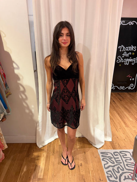 Velvet burgundy burn out mini dress