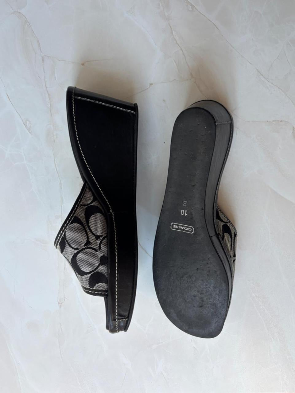 Coach US 10 Black Grey Monogram Canvas Wedge Slide Sandal