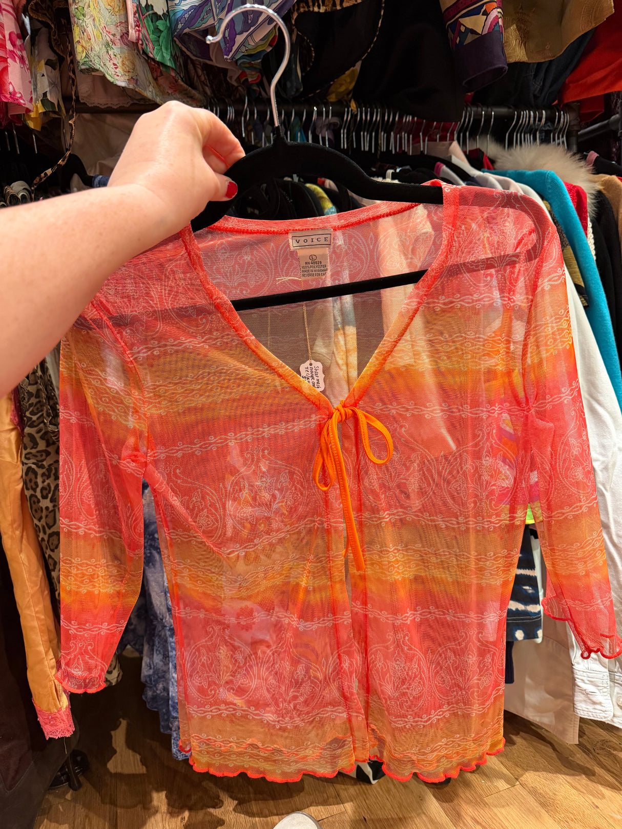 Sheer shades of orange Ombré top with tie - SKU TUV #200