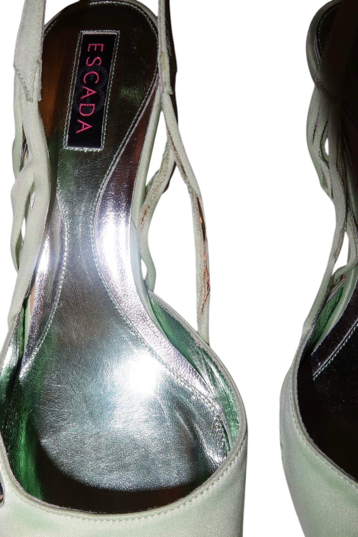 Escada mint green satin slingback heels with crystal logo (38)
