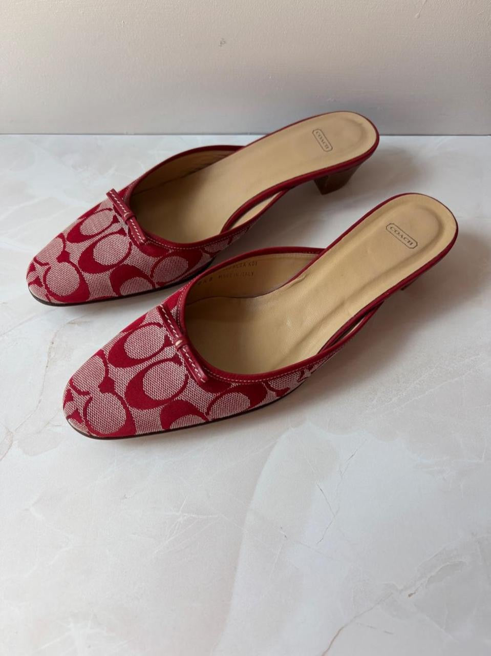 Coach US 8.5 Red and Cream Monogram Canvas Kitten Heel