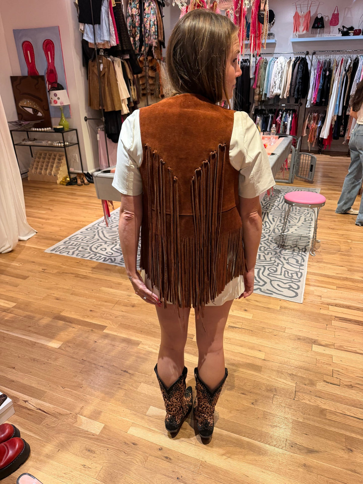 Vintage brown leather vest with fringe TUV #123425