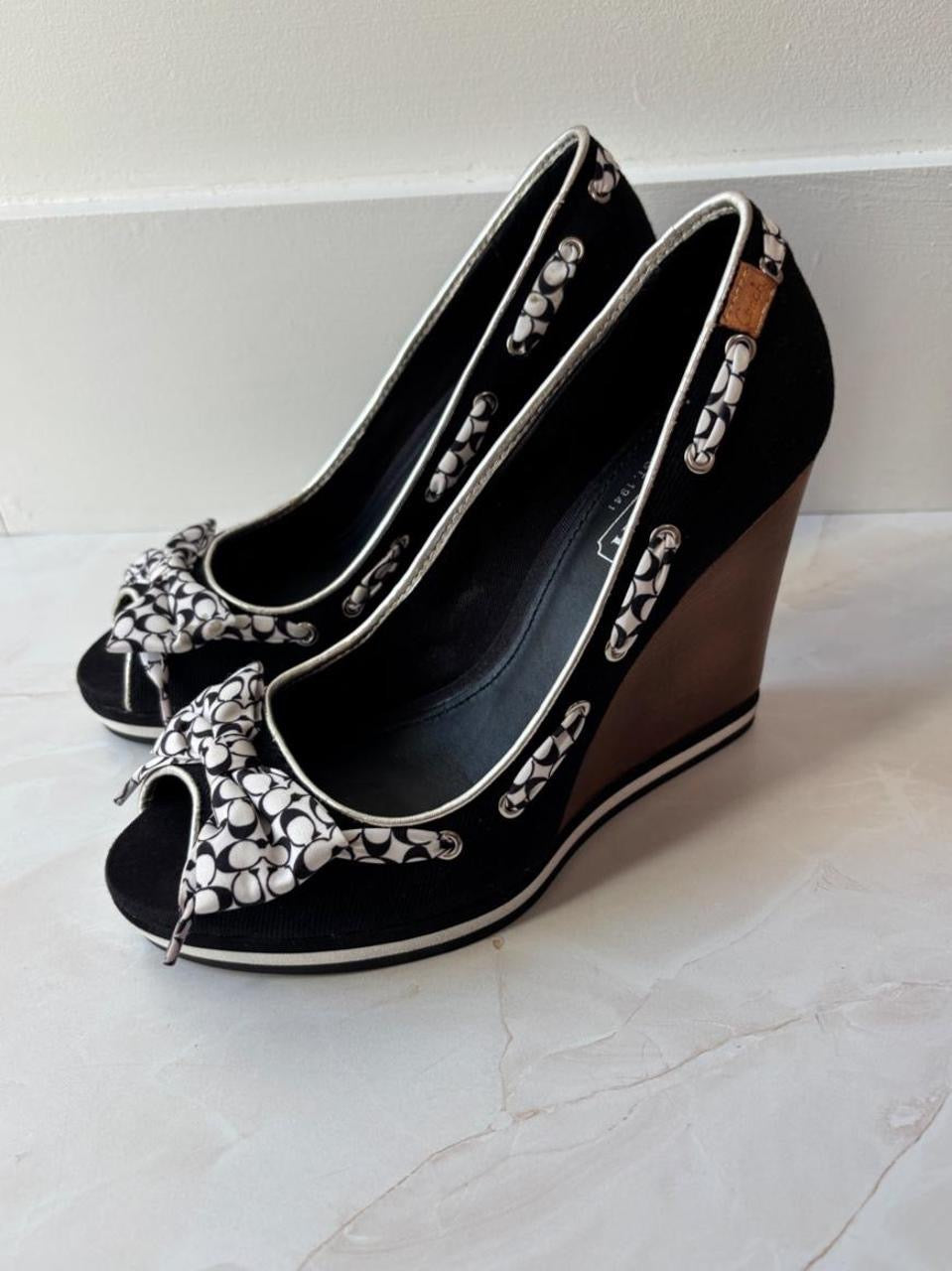 Coach US 7 Black White Monogram Canvas Wedge Sandal