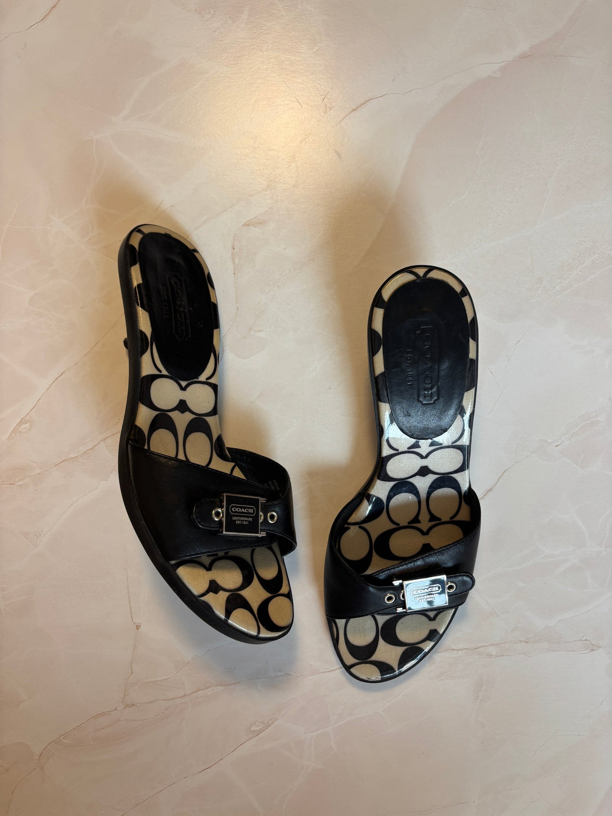 Coach US 9 Black Leather Monogram Canvas Footbed Slide Sandal