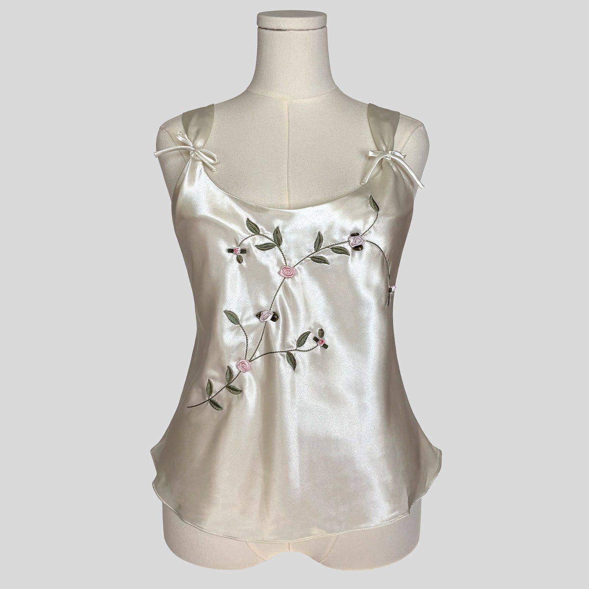 Embroidered rosette silky tank top