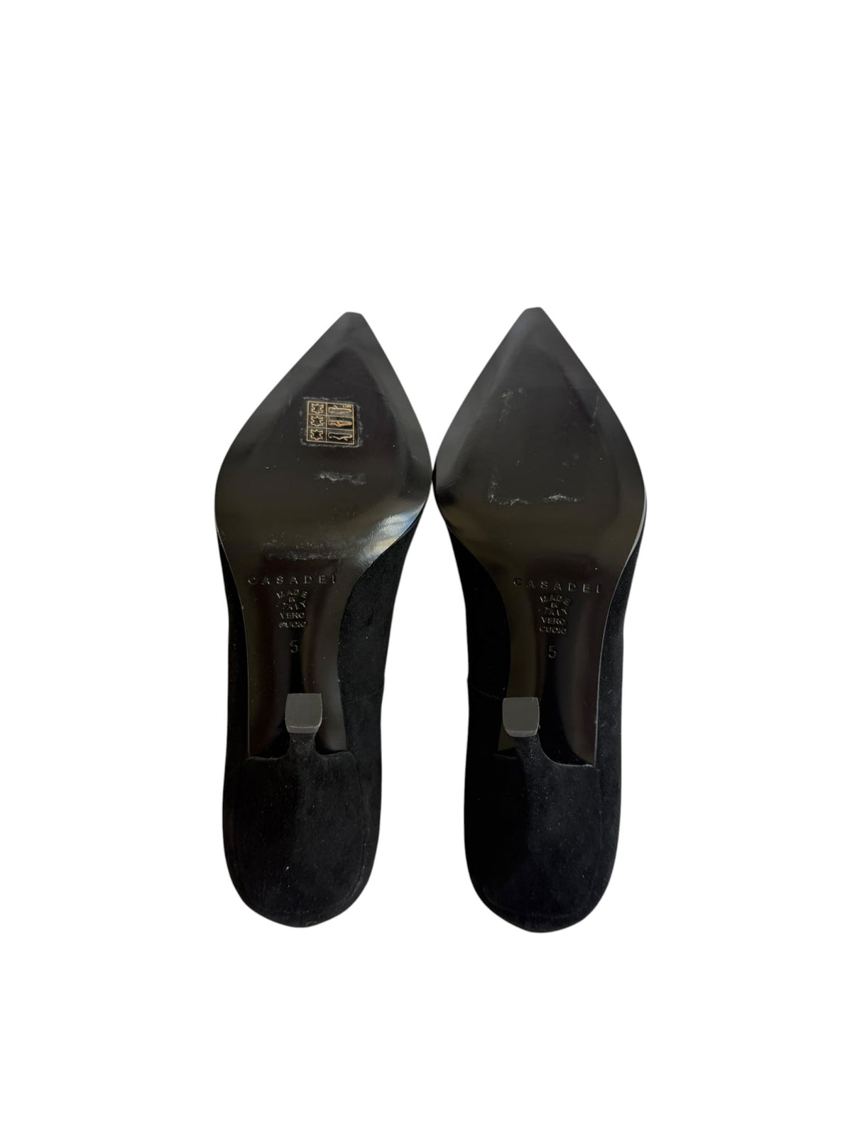 Casadei black suede heels with orange crystal buckle details (5)