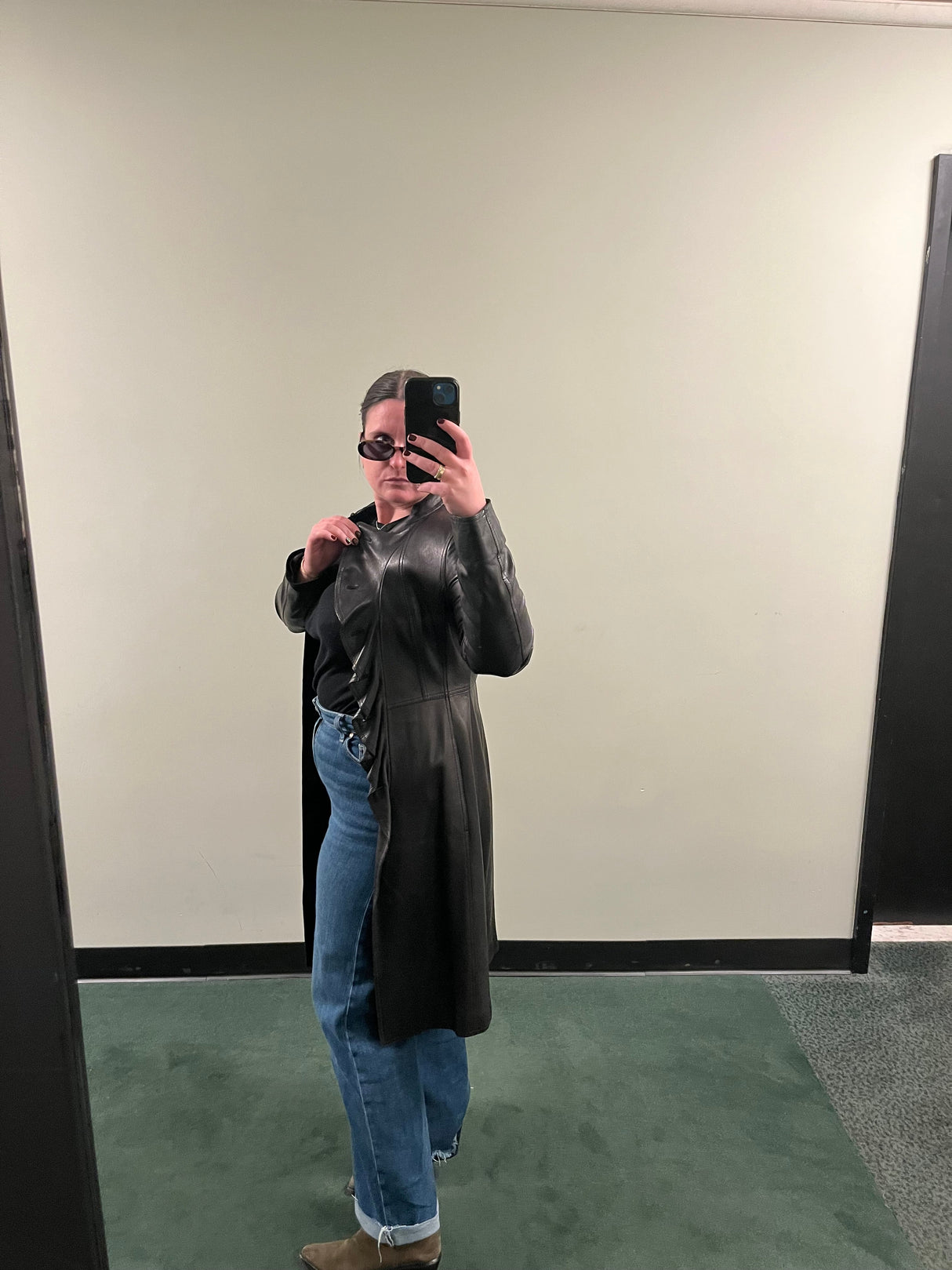 Escapes 100% Lambskin Leather Trench with Ruffle Detail