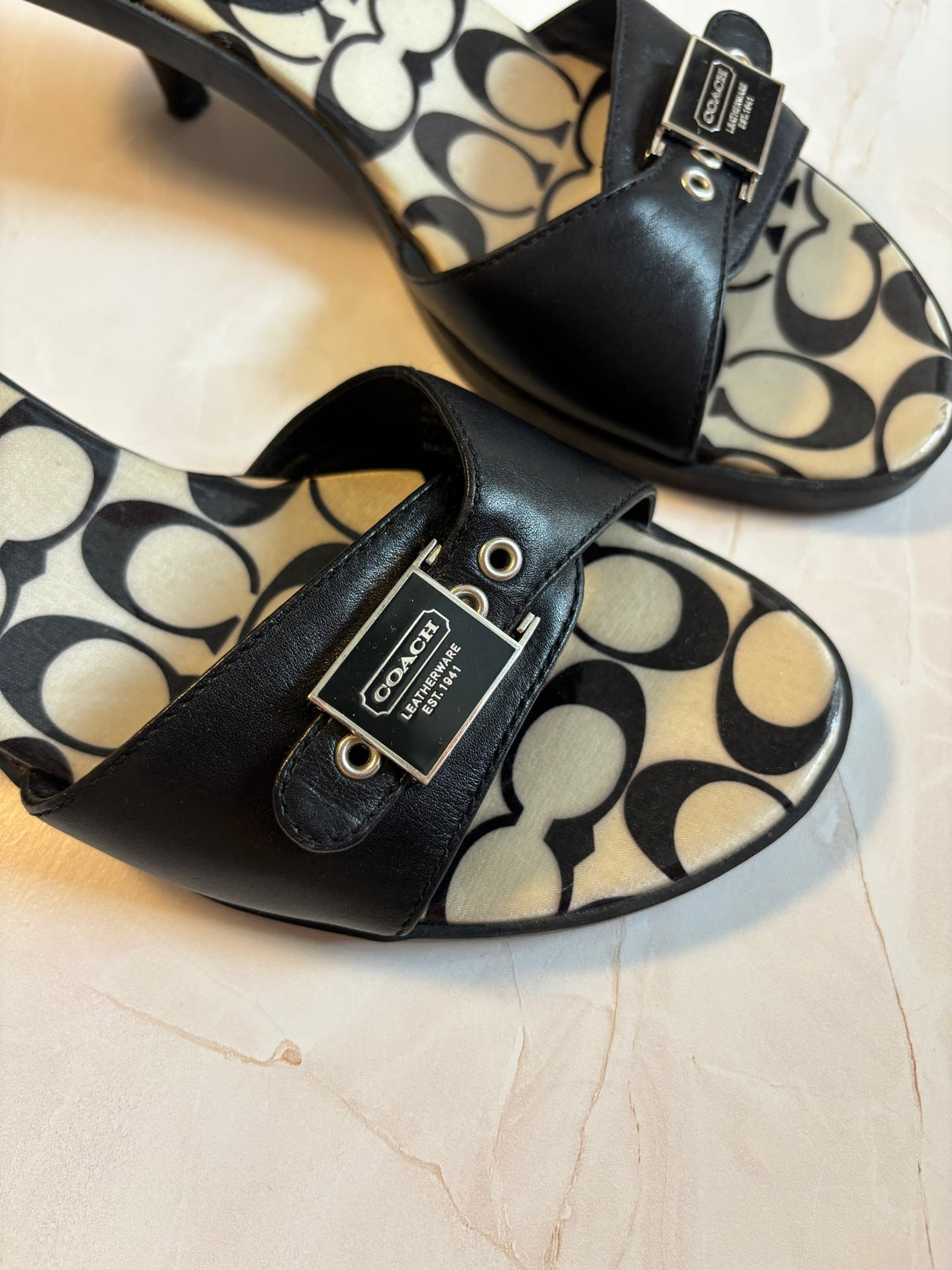 Coach US 9 Black Leather Monogram Canvas Footbed Slide Sandal