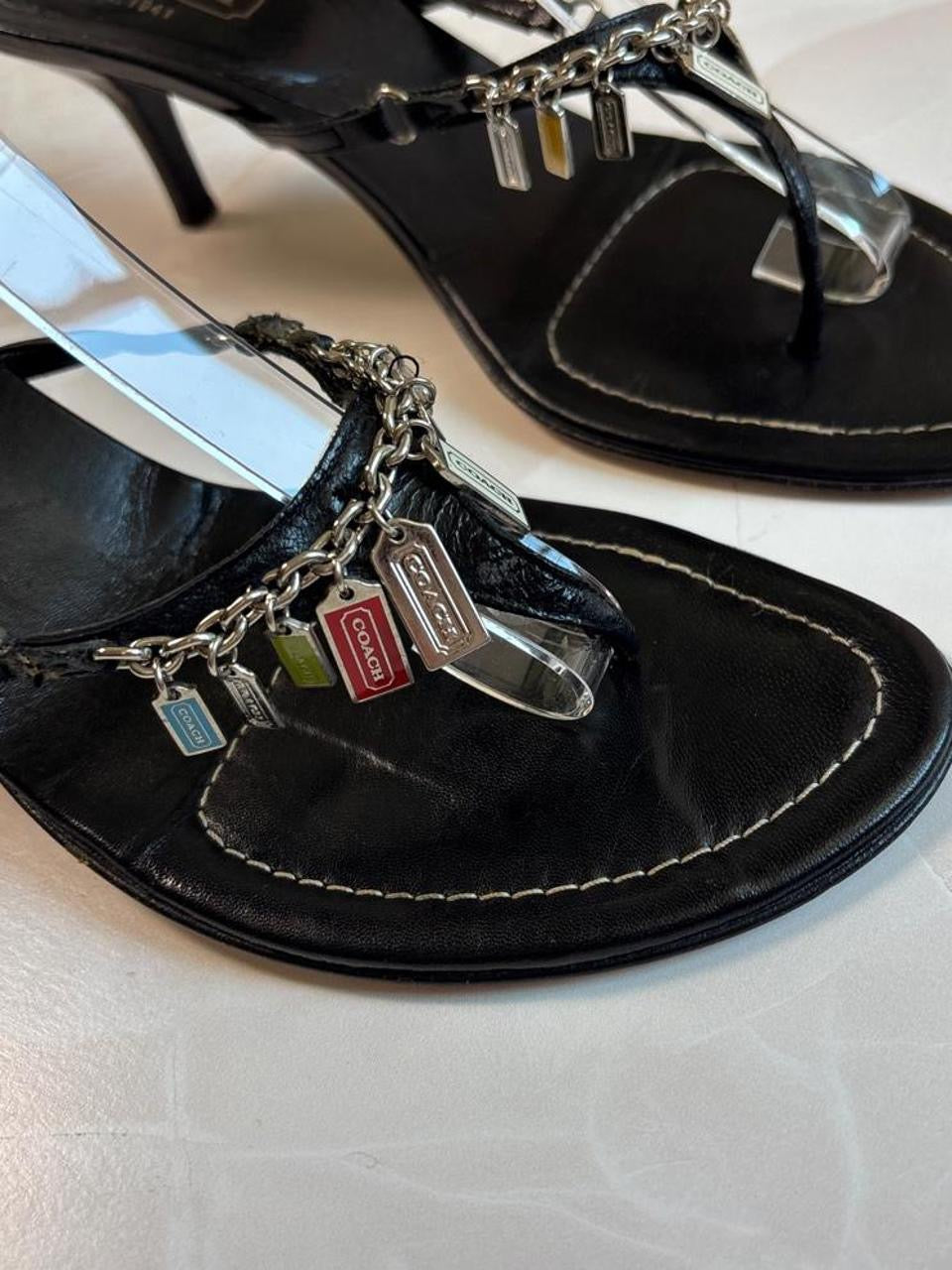 Coach US 9.5 Black Leather Thong Sandal Kitten Heel