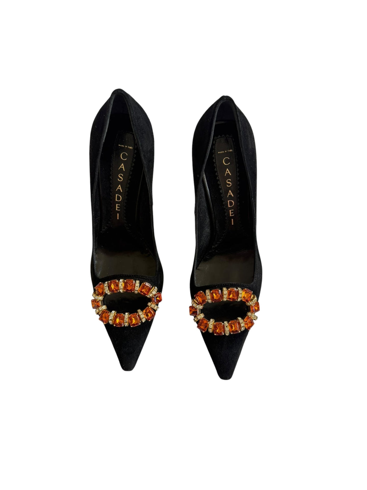 Casadei black suede heels with orange crystal buckle details (5)