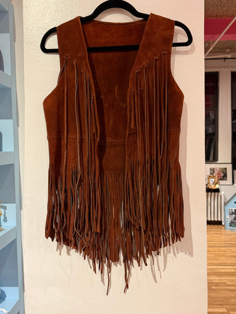 Vintage brown leather vest with fringe TUV #123425