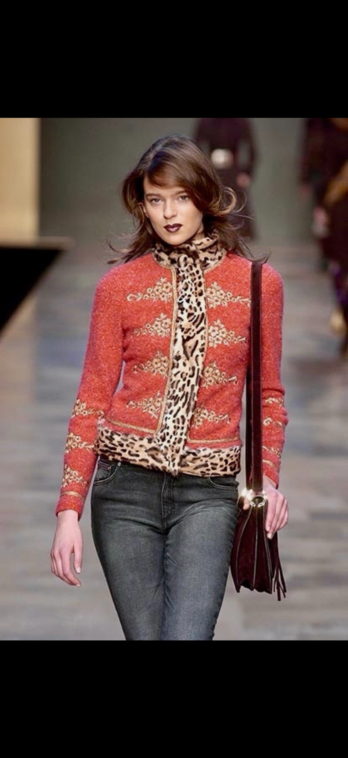 Archival Runway Fall/Winter 2004 Blumarine Coral Wool Jacket with Cheetah Print Pony Hair Accents
