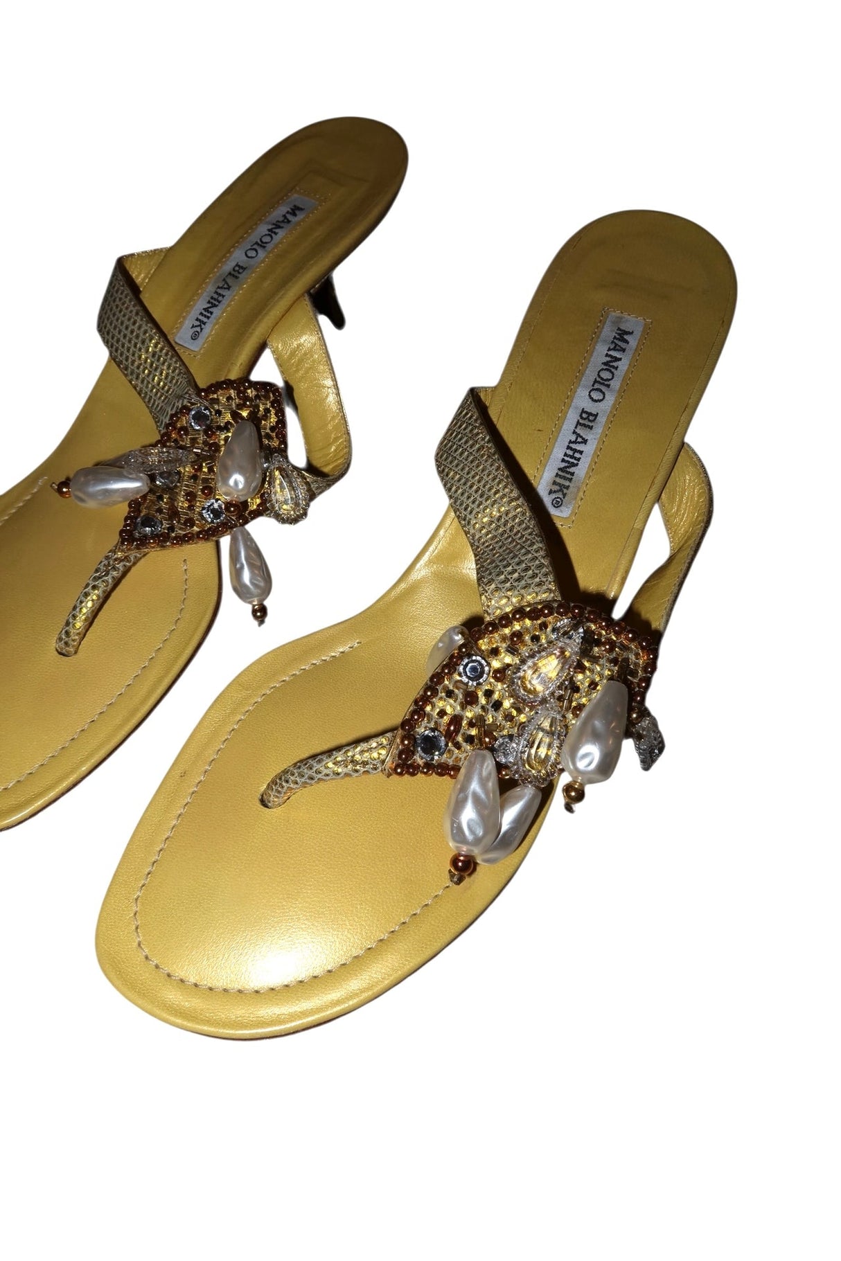 Manolo Blahnik yellow pearl and lizard sandal heels (38.5)