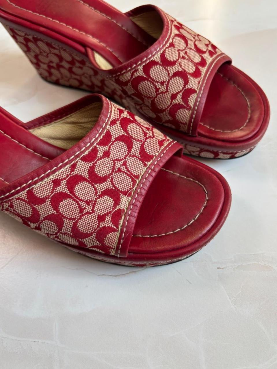 Coach US 7 Red Signature C Monogram Canvas Open Toe Platform Wedge Slide