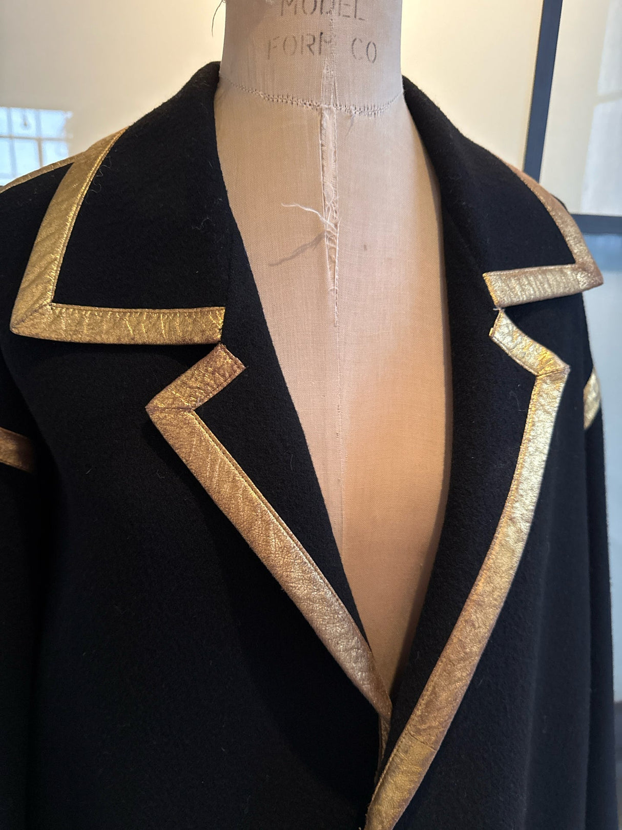 Donna Karan Black Wool Gold Leather Trim Coat Vintge