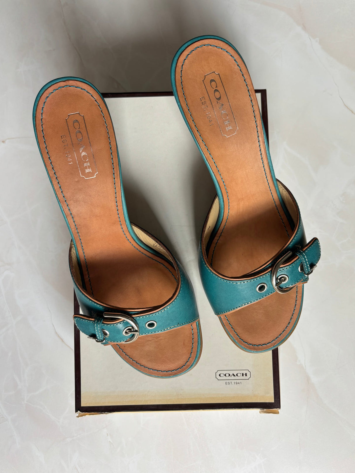 Coach US 11 Teal Leather Buckle Slide Sandal