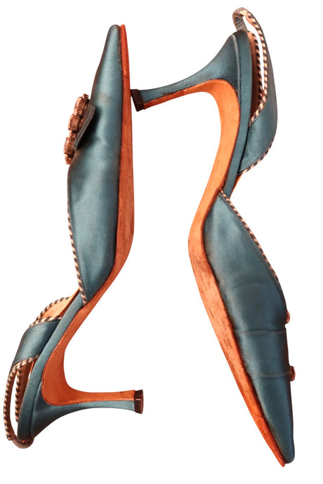 Manolo Blahnik teal satin heels with crystal embellishments (39)