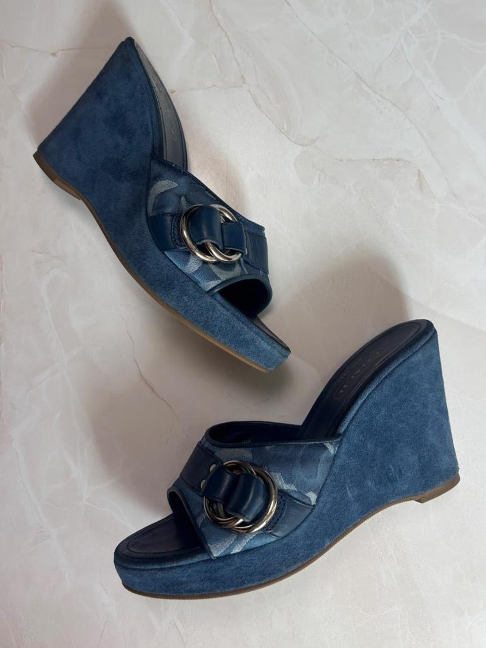 Coach US 6.5 Blue Monogram Canvas Wedge Slide Sandal