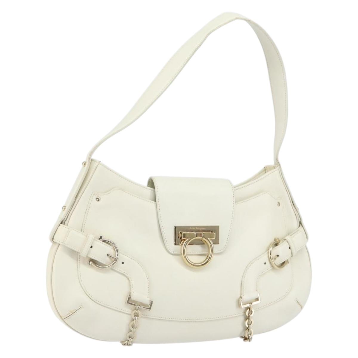 Salvatore Ferragamo Gancini Shoulder Bag Leather White Gold Auth 161280