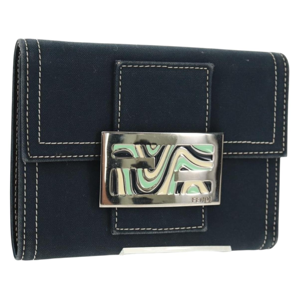 FENDI Bifold Wallet Canvas Navy Silver Auth 162921