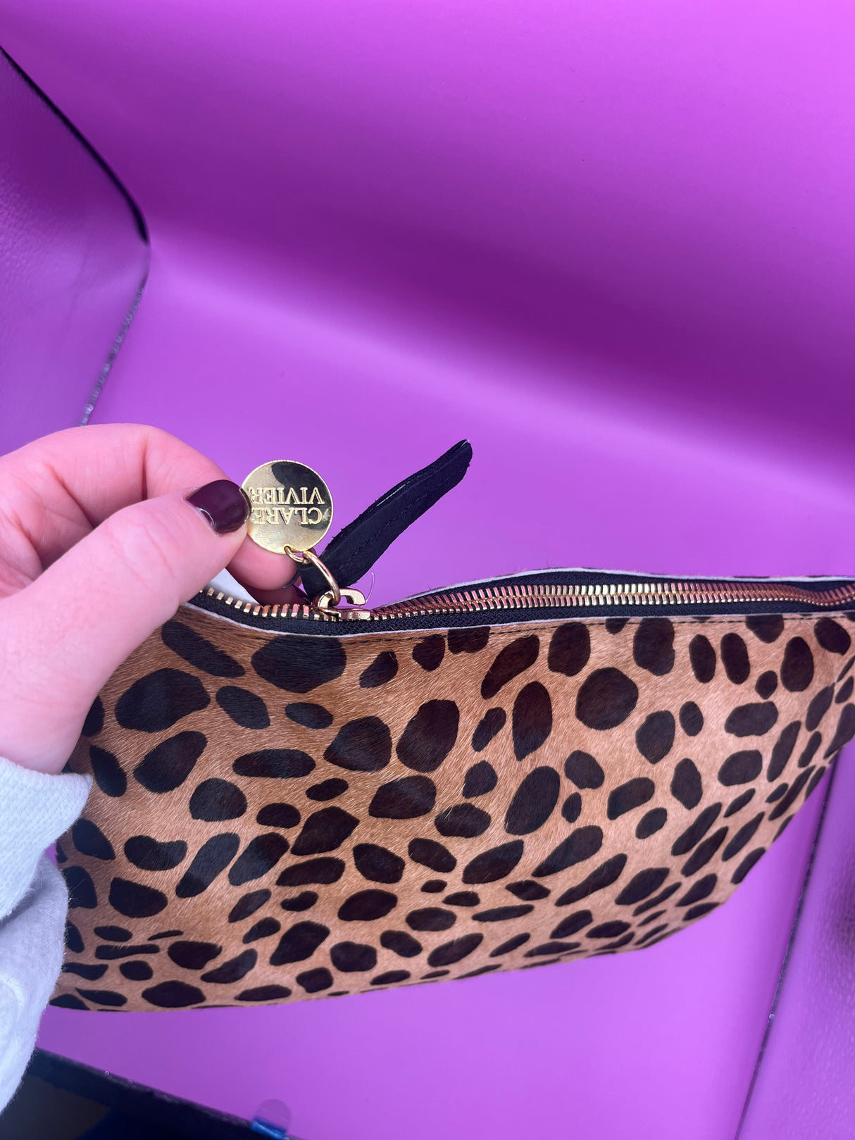 Preloved Clare V Leopard Pony Hair Clutch