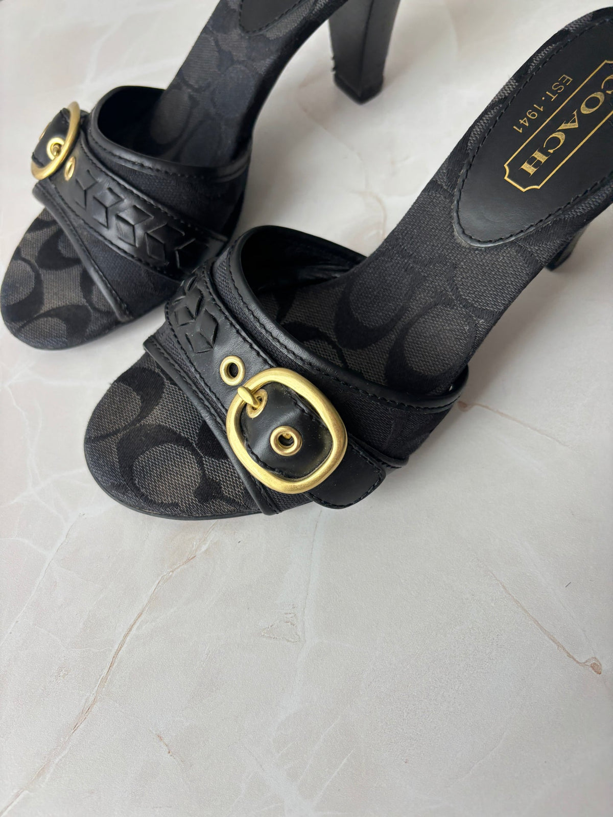 Coach US 6 Black Monogram Canvas Open-toe Block Heel Mule