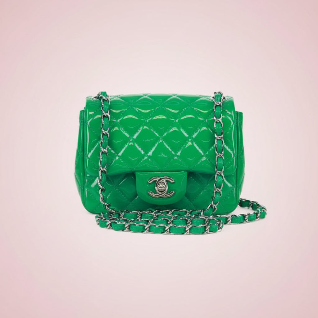 65 Chanel Classic Patent Mini Square Flap Bag Green