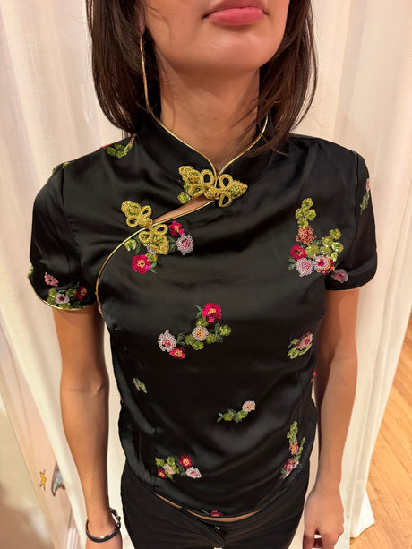 Black tang style top with floral details tuv #125678