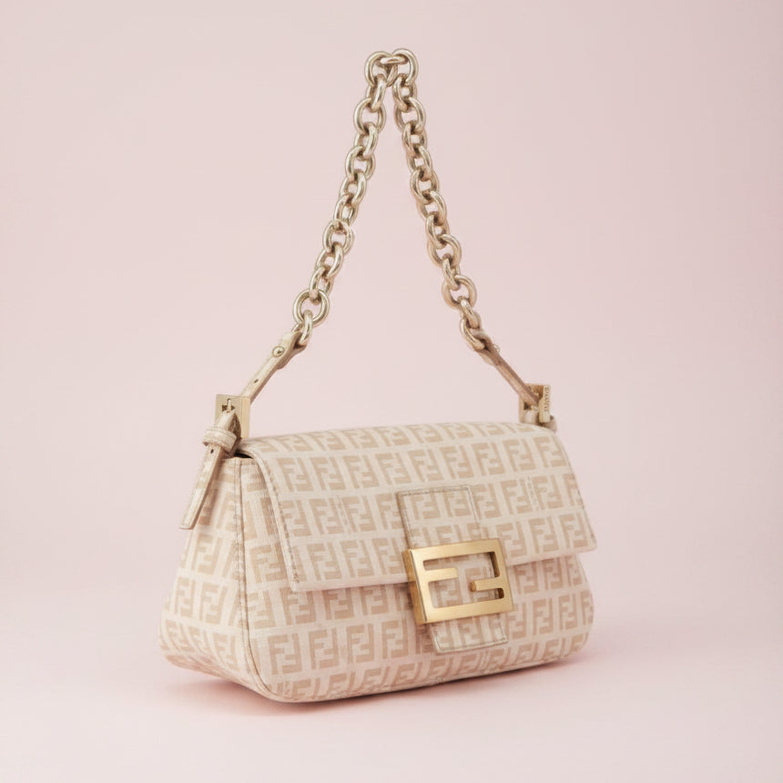 Fendi Zucchino Beige Canvas Chain Mamma Baguette