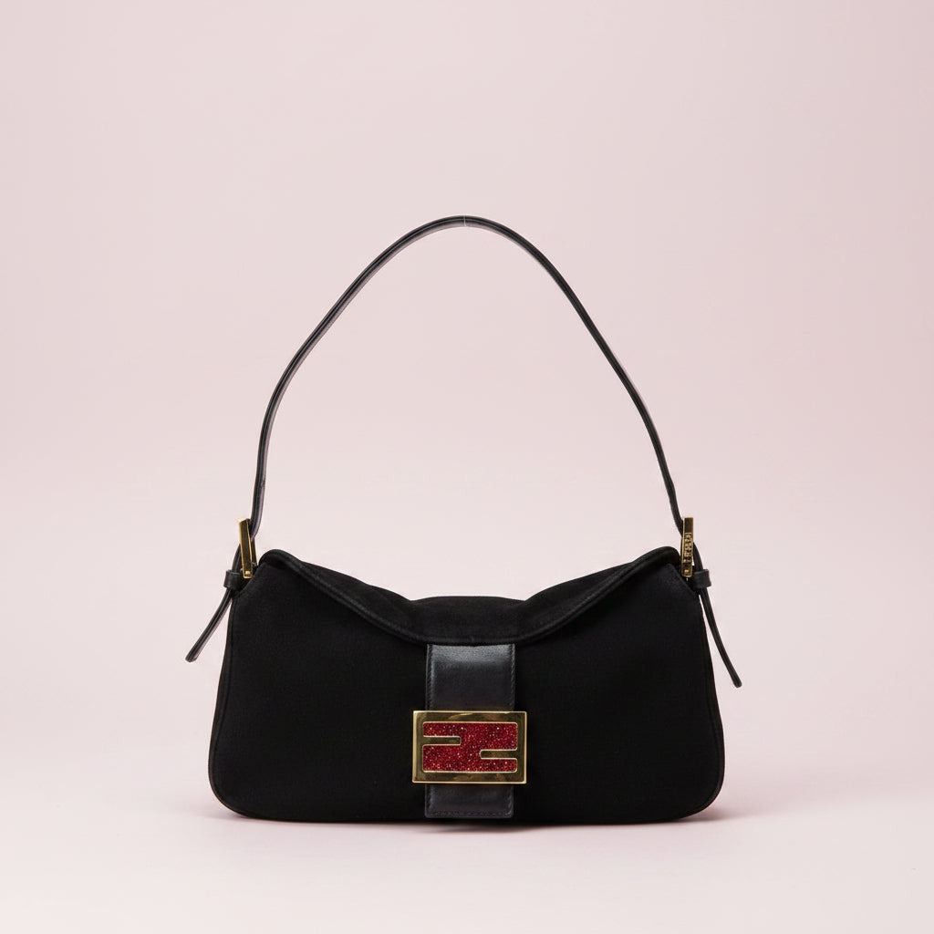 Fendi Black Suede Baguette Shoulder Bag with Red FF Hardware
