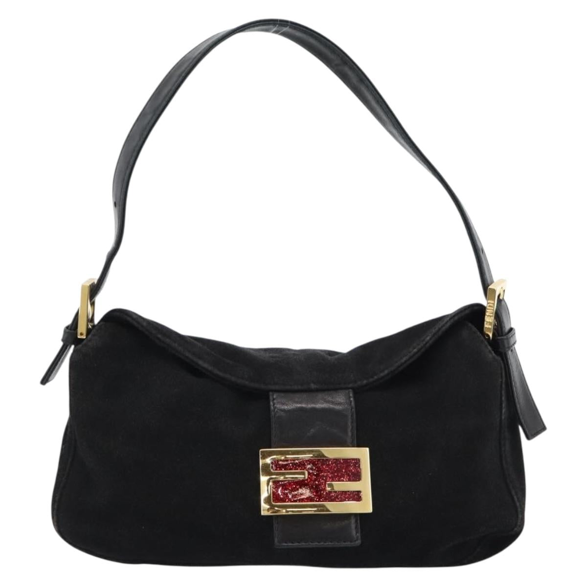 Fendi Black Suede Baguette Shoulder Bag with Red FF Hardware