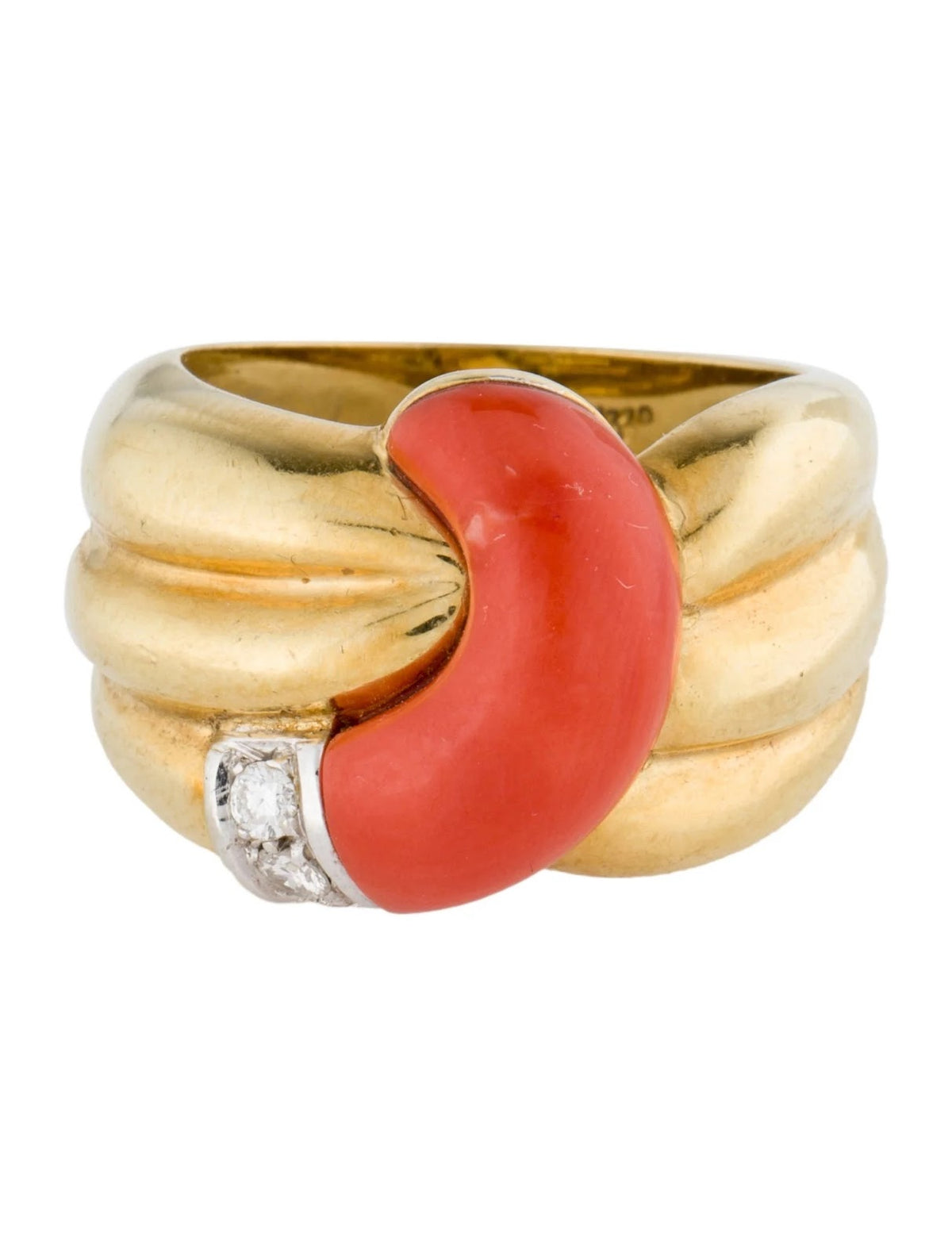 Signed Leo Pizzo 18K Gold, Coral and Diamond Cocktail Ring