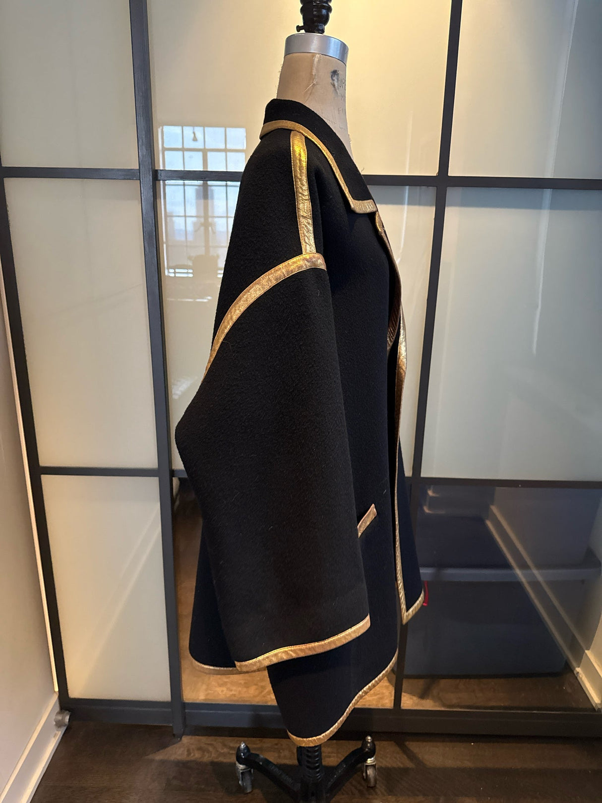 Donna Karan Black Wool Gold Leather Trim Coat Vintge