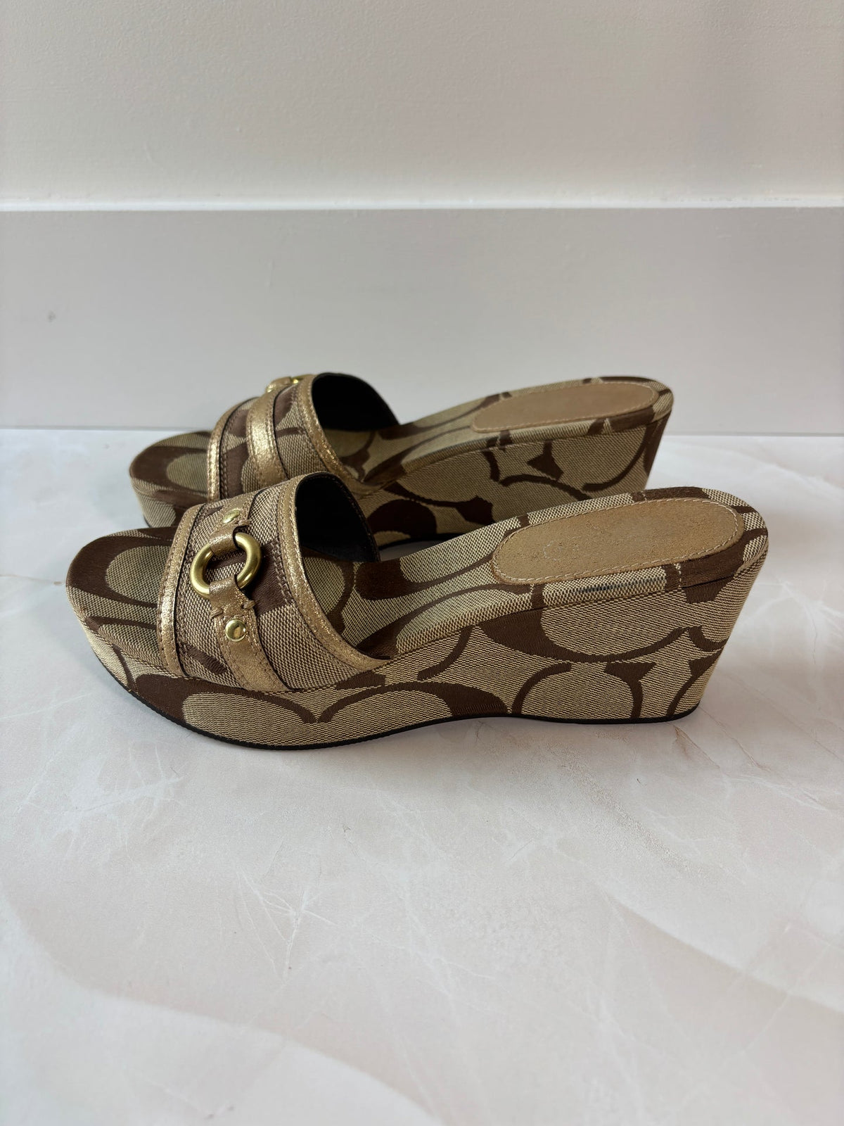 Coach US 7.5 Tan and Brown Monogram Canvas Open-toe Wedge Slide