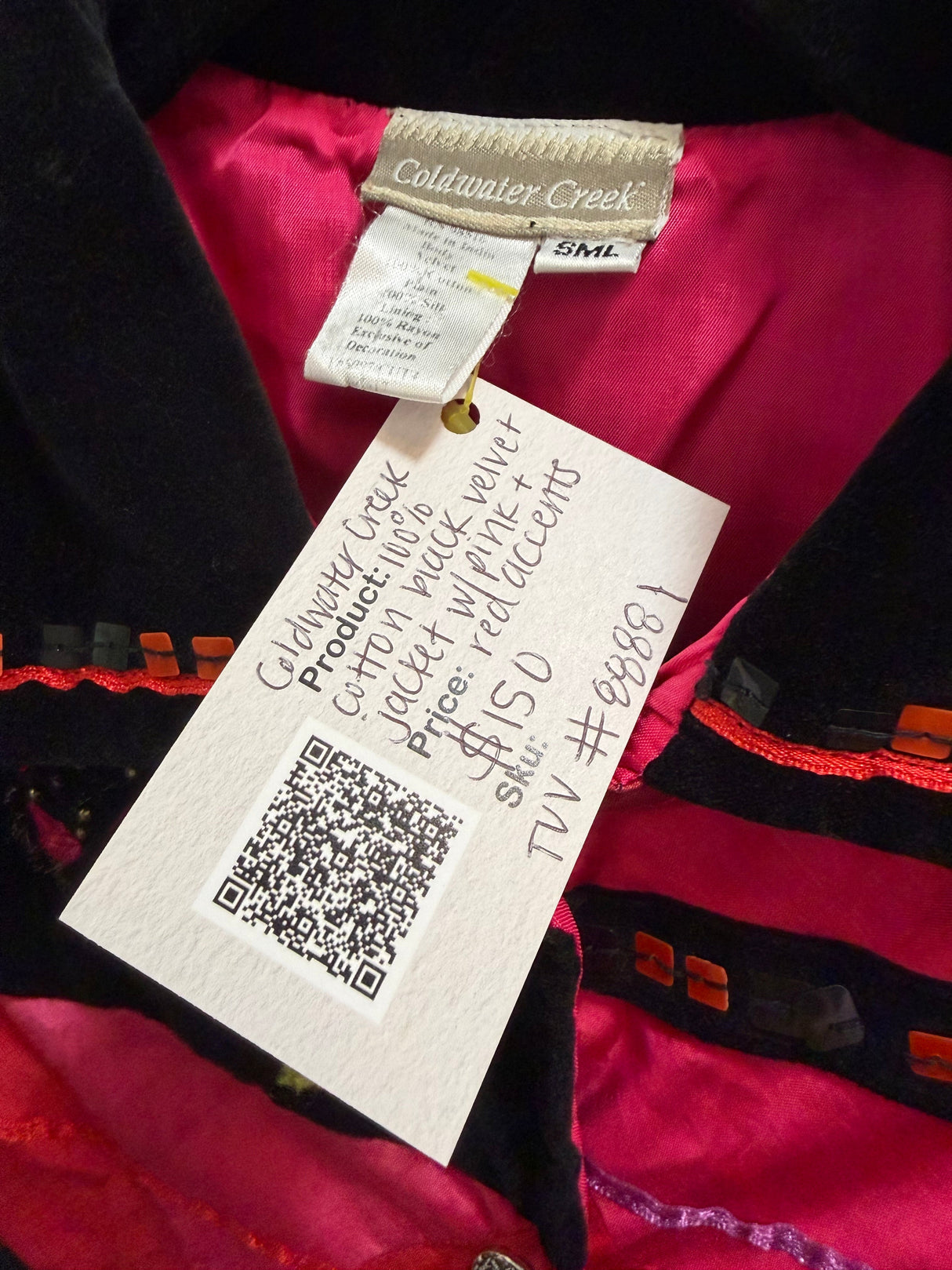 Coldwater Creek 100% cotton black velvet jacket with pink and red accents
