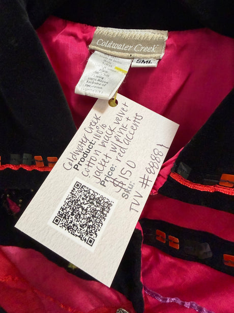 Coldwater Creek 100% cotton black velvet jacket with pink and red accents