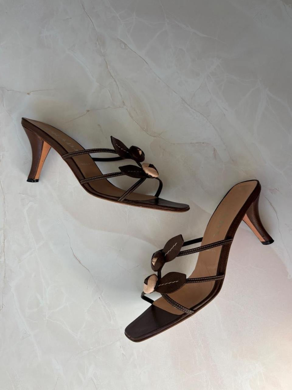 Prada EU 38.5 Chocolate Brown Leather Flower Kitten Heel Mule