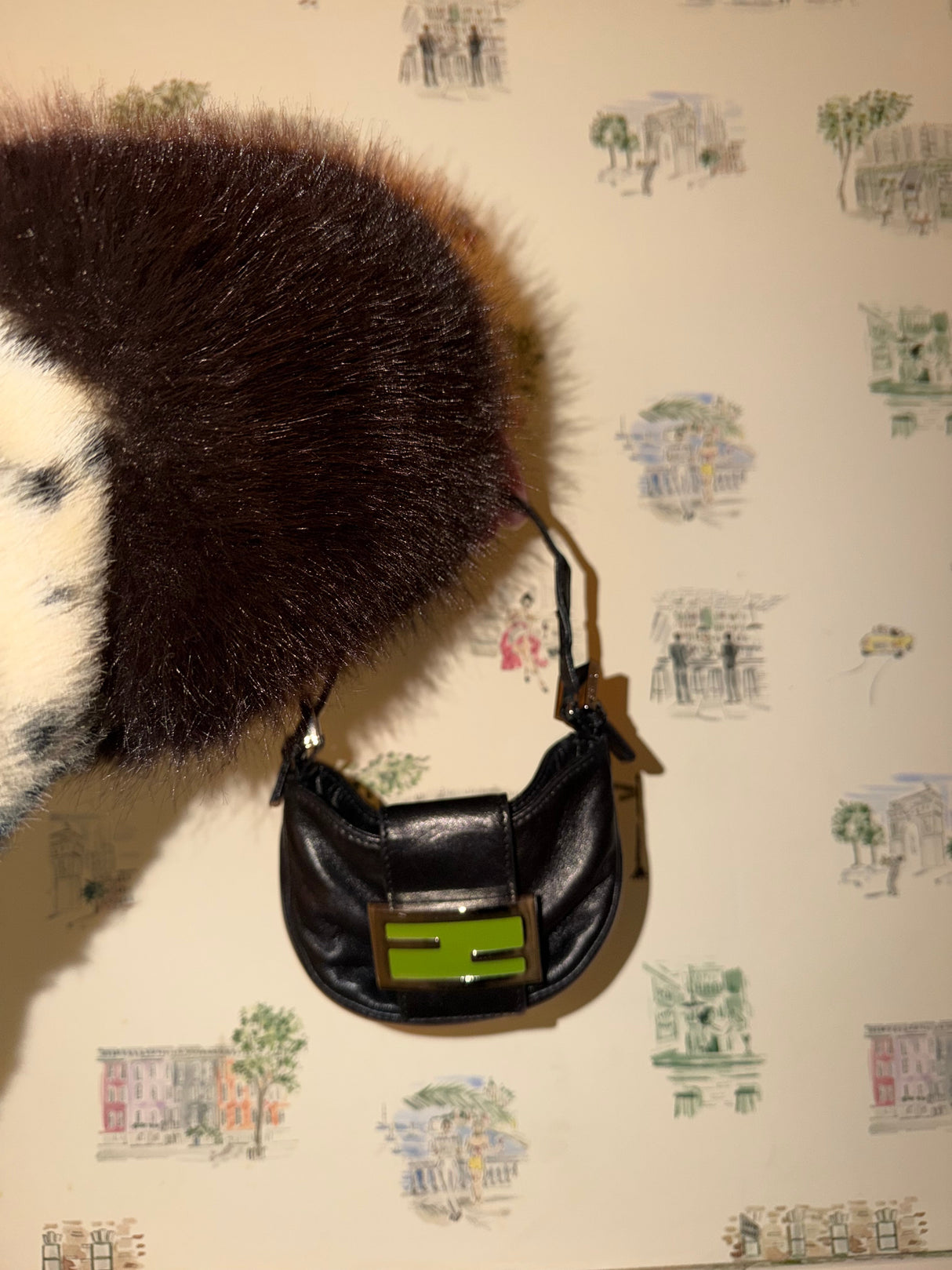 Vintage Fendi Black Leather Mini Croissant Bag with Lime Green Logo