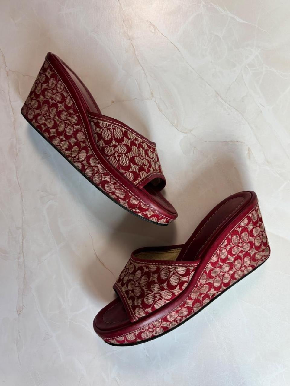 Coach US 7 Red Signature C Monogram Canvas Open Toe Platform Wedge Slide