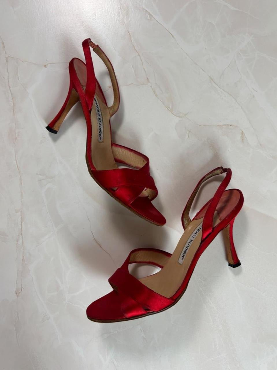 Manolo Blahnik EU 37 Cherry Red Satin Crisscross Sandal