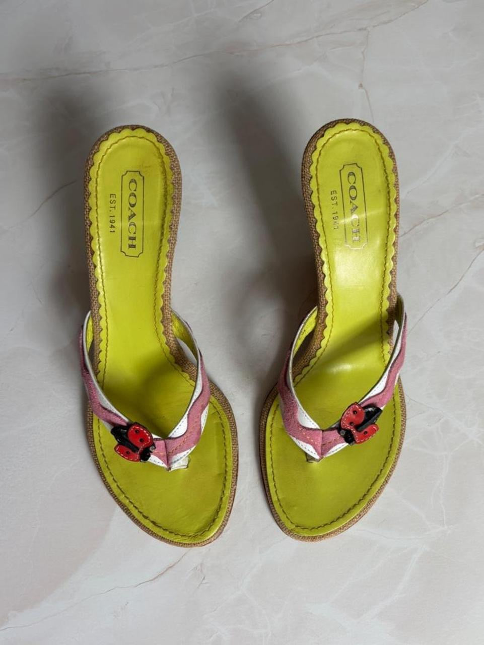 Coach US 8.5 Rare Raffia Ladybug Wedge Sandal