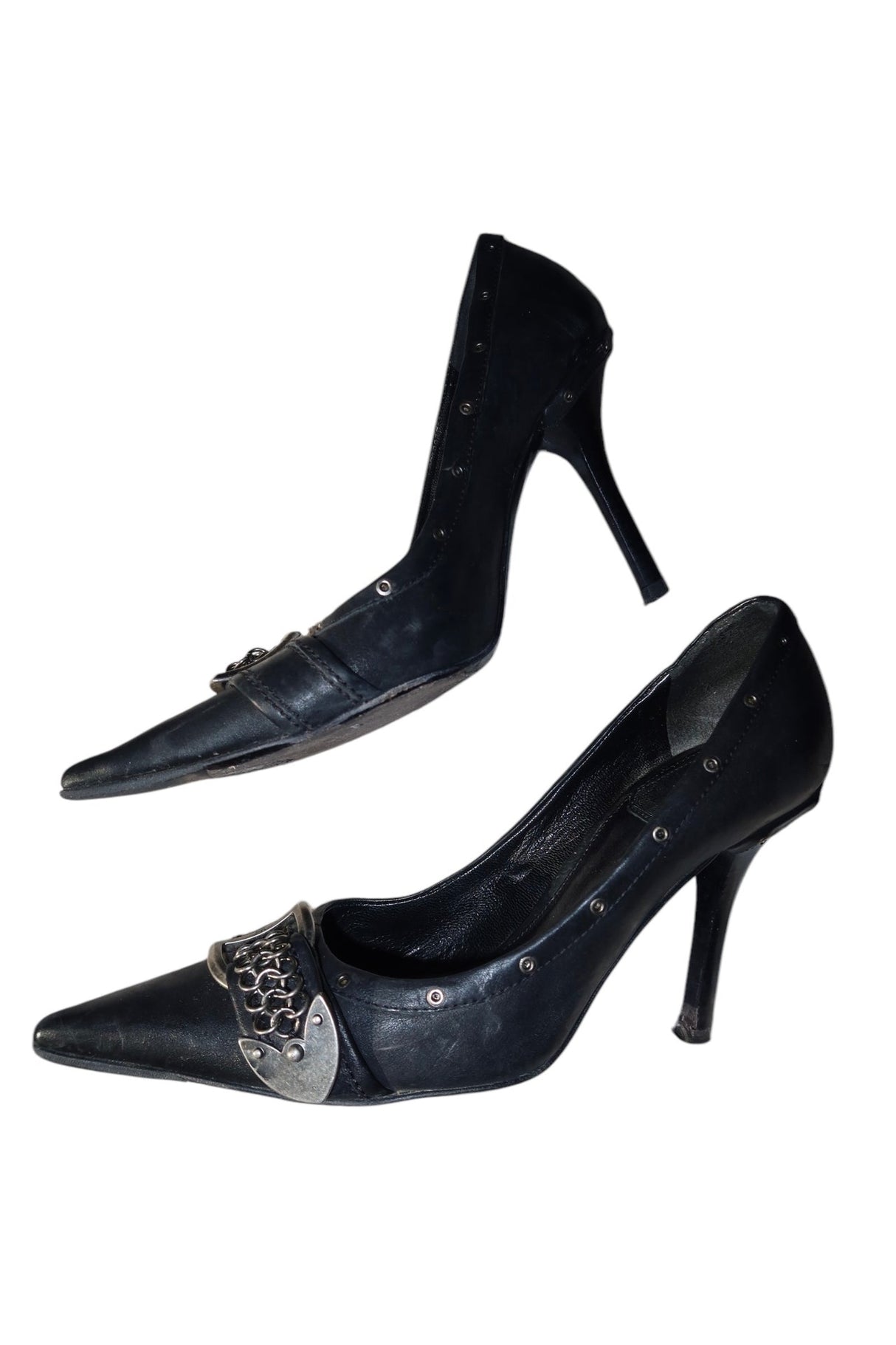 Dior black leather heels with iconic D buckle chain embellishment (36.5)