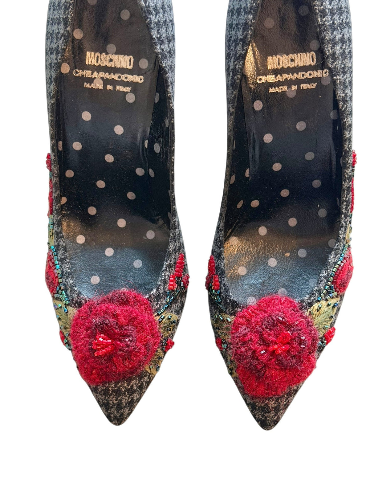 Moschino grey houndstooth heels with red floral embroidery (35)
