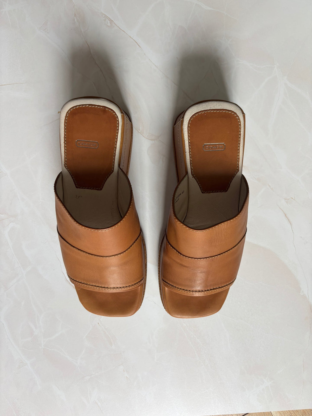 Coach US 5.5 Tan Leather Square Toe Slide Sandal