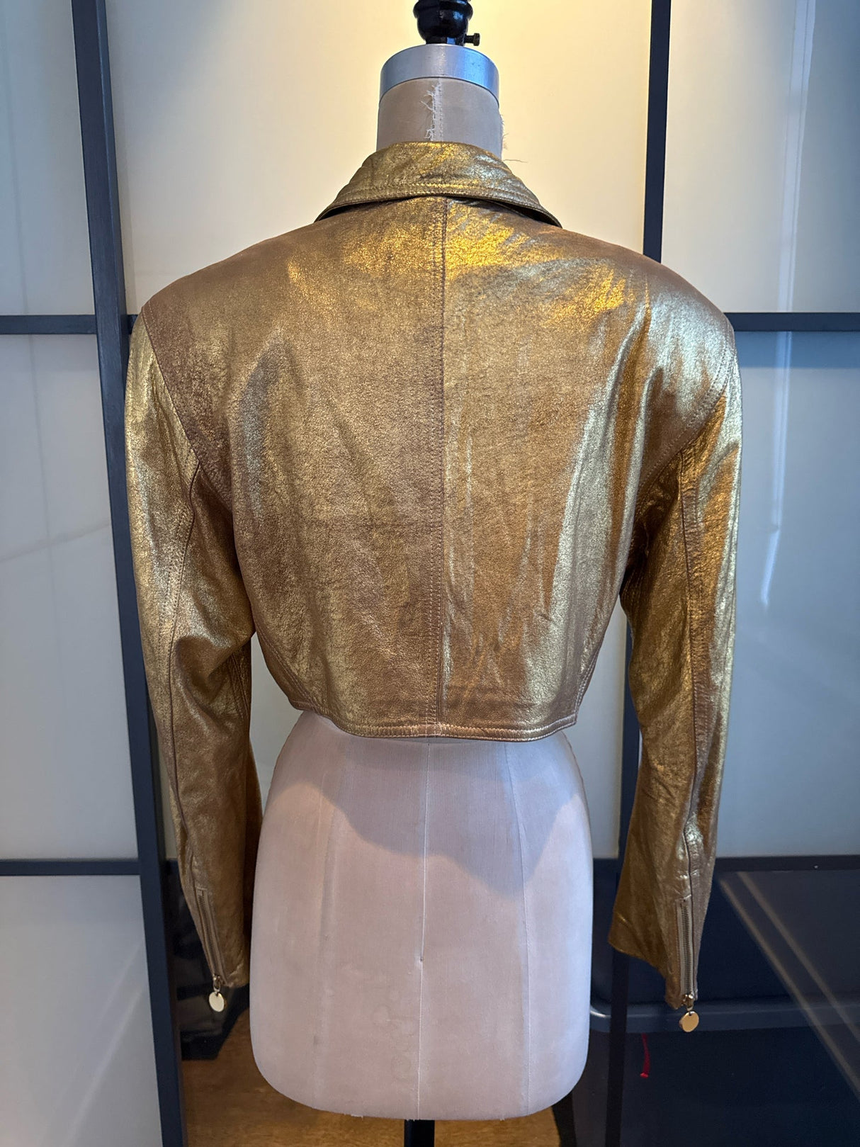 Donna Karan Gold Leather Sz 8 Cropped Bomber Biker Jacket Vintage