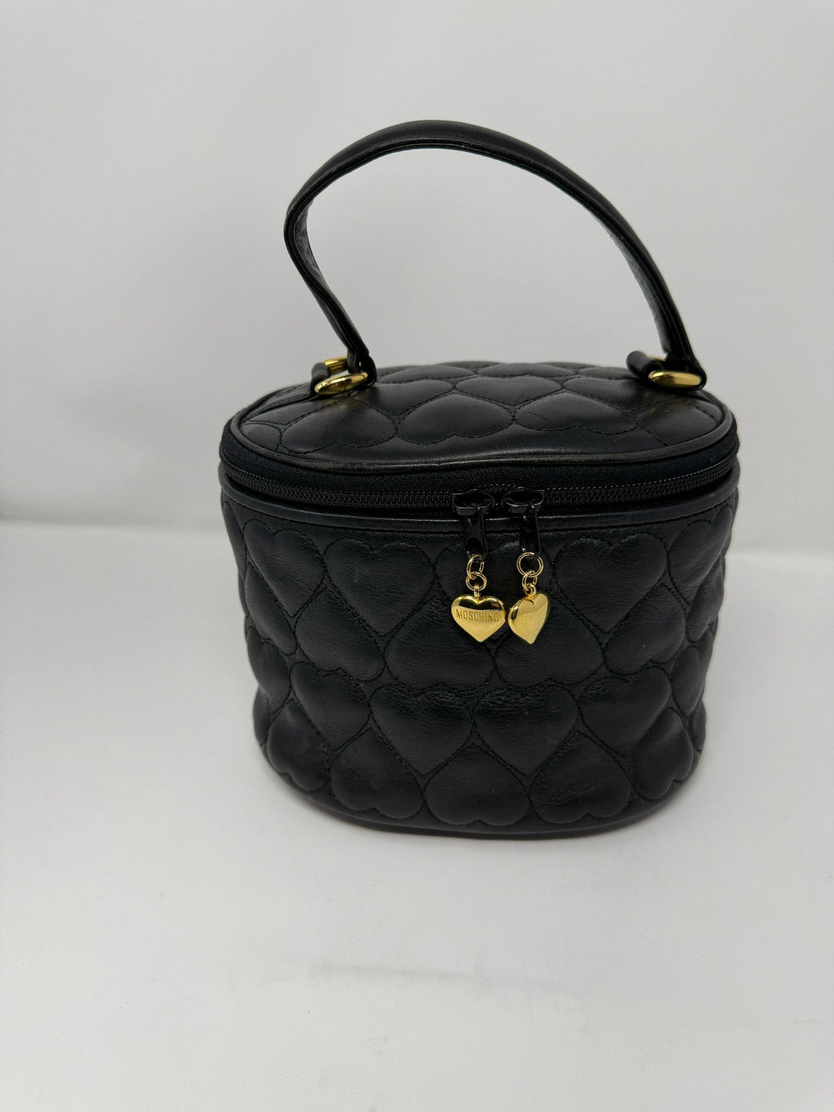 Moschino Black Leather Oval Quilted Heart Vanity Bag