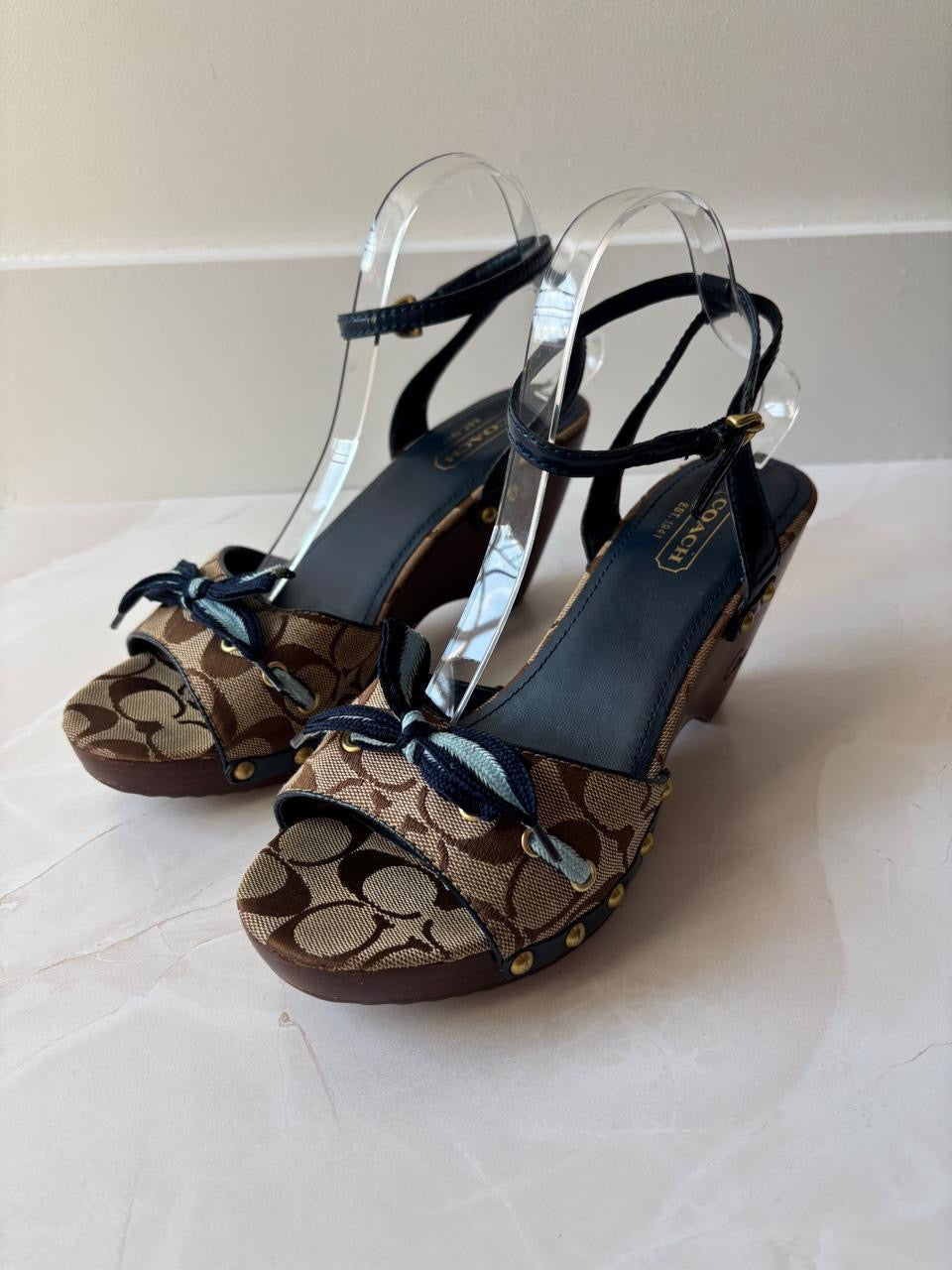 Coach US 9 Tan/brown Monogram C Canvas Open Toe Wooden Wedge