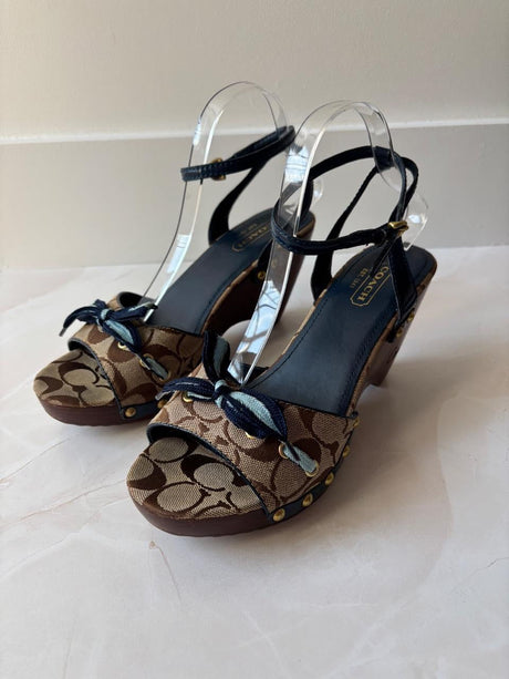 Coach US 9 Tan/brown Monogram C Canvas Open Toe Wooden Wedge