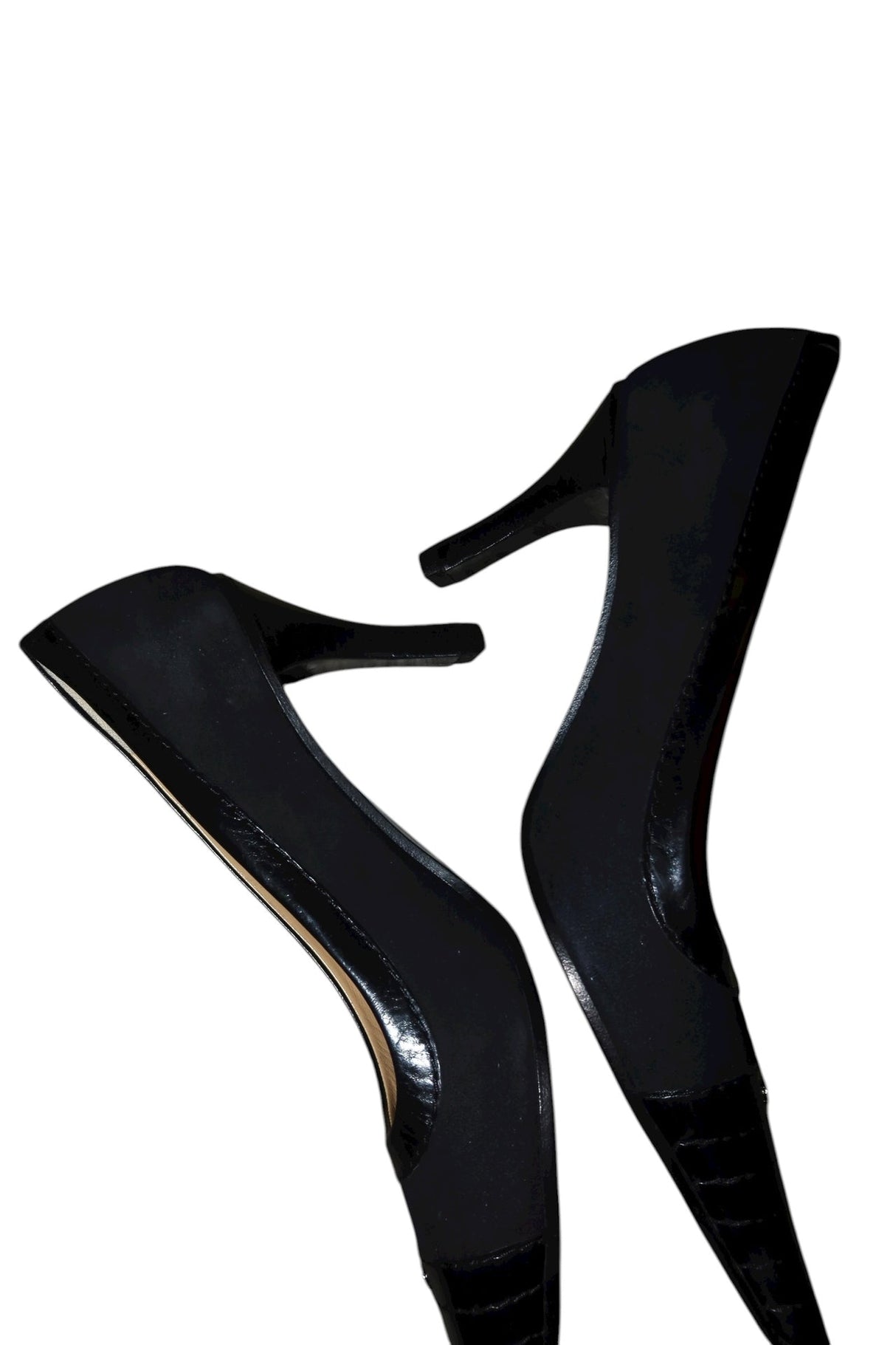 Chanel black suede and leather heels with silver CC logo (36.5C)