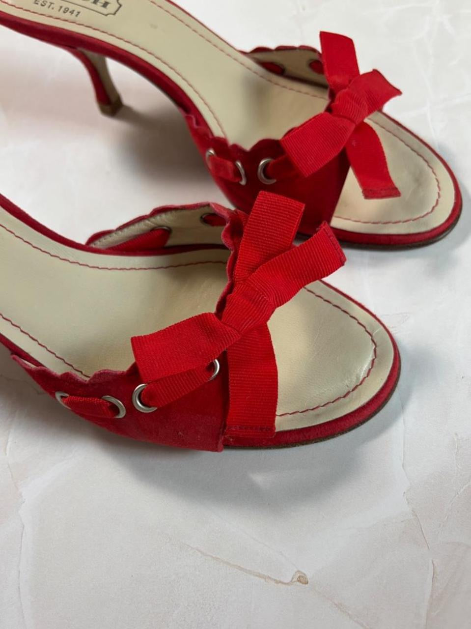 Coach US 6.5 Cherry Red Suede Bow Open Toe Kitten Heel Mule